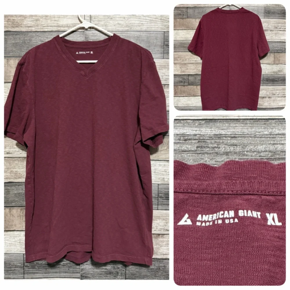 American Giant V-Neck T Shirt Men’s L Burgundy Red Short Sleeve Cotton USA